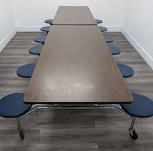 Load image into Gallery viewer, 12ft Cafeteria Lunch Table w/ Stool Seat, Walnut Top, Navy Blue Seat, Adult Size (RF)
