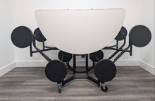 Load image into Gallery viewer, 60 inch Round Cafeteria Lunch Table w/ 8 Stool Seat, White Top, Black Seat, Elementary Size (RF)