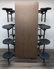 Load image into Gallery viewer, 12ft Cafeteria Lunch Table w/ 16 Stool Seat, Walnut Top, Black & Navy Blue Seat, Black Frame, Elementary Size (RF)