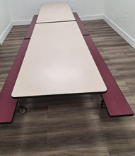 Load image into Gallery viewer, 12ft Cafeteria Lunch Table w/ Foldable Bench Seat, Beige Top, Maroon Bench, Elementary Size (RF)
