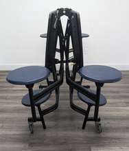 Load image into Gallery viewer, 60 inch Round Cafeteria Lunch Table w/ 8 Stool Seat, Wood Grain Top, Navy Blue Seat, Adult Size (RF)