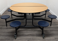 Load image into Gallery viewer, 60 inch Round Cafeteria Lunch Table w/ 8 Stool Seat, Wood Grain Top, Navy Blue Seat, Adult Size (RF)
