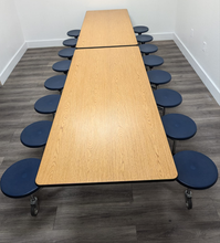 Load image into Gallery viewer, 12ft Cafeteria Lunch Table w/ 16 Stool Seat, Light Oak Top, Blue Seat, Elementary Size (RF)