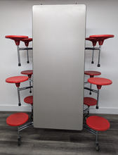 Load image into Gallery viewer, 12ft Cafeteria Lunch Table w/ Stool Seat, Gray Top, Red Seat, Adult Size (RF)