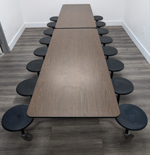 Load image into Gallery viewer, 12ft Cafeteria Lunch Table w/ 16 Stool Seat, Walnut Top, Black & Navy Blue Seat, Black Frame, Elementary Size (RF)