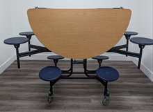 Load image into Gallery viewer, 60 inch Round Cafeteria Lunch Table w/ 8 Stool Seat, Wood Grain Top, Navy Blue Seat, Adult Size (RF)