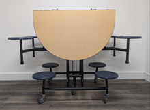 Load image into Gallery viewer, 60 inch x 48 inch Round Cafeteria Lunch Table w/ 8 Stool Seat, Maple Top, Blue Seat, Elementary Size (RF)