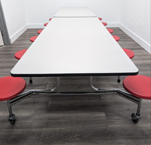 Load image into Gallery viewer, 12ft Cafeteria Lunch Table w/ Stool Seat, Gray Top, Red Seat, Adult Size (RF)