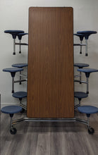 Load image into Gallery viewer, 12ft Cafeteria Lunch Table w/ Stool Seat, Walnut Top, Navy Blue Seat, Adult Size (RF)