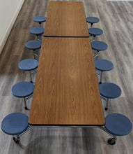 Load image into Gallery viewer, 12ft Cafeteria Lunch Table w/ Stool Seat, Walnut Top, Navy Blue Seat, Adult Size (RF)