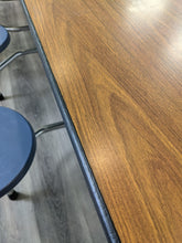 Load image into Gallery viewer, 12ft Cafeteria Lunch Table w/ Stool Seat, Walnut Top, Navy Blue Seat, Adult Size (RF)
