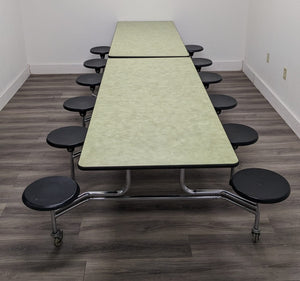 12ft Cafeteria Lunch Table w/ 12 Stool Seat, Green Brush Top, Black Seat, Adult Size (RF)