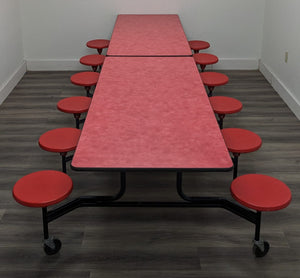12ft Cafeteria Lunch Table w/ 12 Stool Seat, Red Brush Top, Red Seat, Adult Size (RF)
