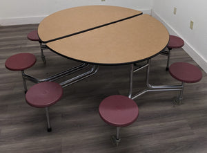 60in Round Cafeteria Lunch Table w/ 8 Stool Seat, Brown Top, Burgundy Seat, Adult Size (RF)