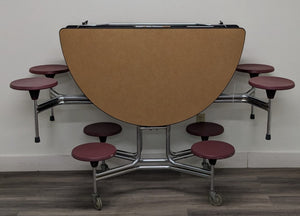60in Round Cafeteria Lunch Table w/ 8 Stool Seat, Brown Top, Burgundy Seat, Adult Size (RF)