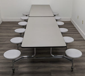 12ft Cafeteria Lunch Table w/ 12 Stool Seat, Gray Top, White Seat, Adult Size (RF)