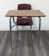Load image into Gallery viewer, Artco Bell Combo Desk, Burgundy Seat w/ Wood Grain Top, Basket (RF)