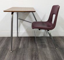 Load image into Gallery viewer, Artco Bell Combo Desk, Burgundy Seat w/ Wood Grain Top, Basket (RF)