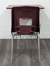 Load image into Gallery viewer, Artco Bell Combo Desk, Burgundy Seat w/ Wood Grain Top, Basket (RF)
