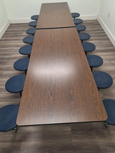 Load image into Gallery viewer, 12ft Cafeteria Lunch Table w/ Stool Seat, Walnut Top, Navy Blue Seat, Black Frame, Elementary Size (RF)