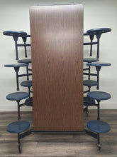 Load image into Gallery viewer, 12ft Cafeteria Lunch Table w/ Stool Seat, Walnut Top, Navy Blue Seat, Black Frame, Elementary Size (RF)