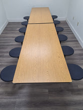 Load image into Gallery viewer, 12ft Cafeteria Lunch Table w/ Stool Seat, Light Oak Top, Navy Blue Seat, Adult Size (RF)