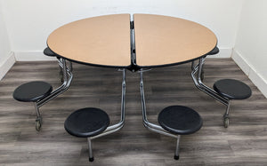 60in Round Cafeteria Lunch Table w/ 8 Stool Seat, Light Brown Top, Black Seat, Adult Size (RF)