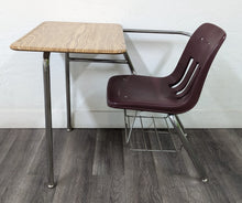Load image into Gallery viewer, Virco 9400BR Combo Desk, Burgundy Seat, Hard Plastic Medium Oak Top, With Basket (RF)
