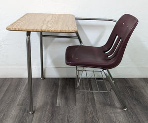 Virco 9400BR Combo Desk, Burgundy Seat, Hard Plastic Medium Oak Top, With Basket (RF)