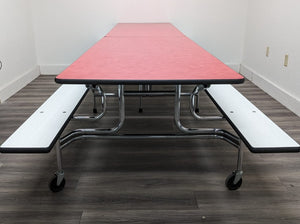 12ft Cafeteria Lunch Table w/ Foldable Bench Seat, Red Brush Top, White Bench, Adult Size (RF)