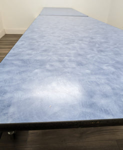 12FT CAFETERIA LUNCH TABLE W/ FOLDABLE BENCH SEAT, BLUE BRUSH TOP,WHITE BENCH, ADULT SIZE (RF)