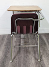 Load image into Gallery viewer, Virco 9400BR Combo Desk, Burgundy Seat, Hard Plastic Medium Oak Top, With Basket (RF)
