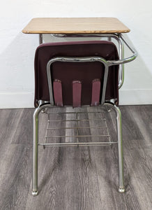 Virco 9400BR Combo Desk, Burgundy Seat, Hard Plastic Medium Oak Top, With Basket (RF)
