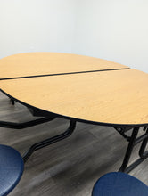 Load image into Gallery viewer, 60 inch Round Cafeteria Lunch Table w/ 8 Stool Seat, Wood Grain Top, Navy Blue Seat, Adult Size (RF)