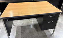 Load image into Gallery viewer, Teacher Desk - 30"D x 48"W, Single Pedestal, Medium Oak Top, Black Frame (RF)