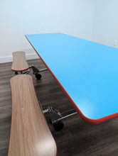 Load image into Gallery viewer, 92 inch CAFETERIA LUNCH TABLE W/ FOLDABLE BENCH SEAT, LIGHT BLUE TOP, WOOD GRAIN BENCH, ADULT SIZE (RF)