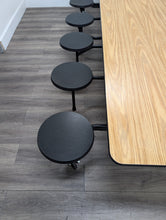 Load image into Gallery viewer, 10ft Cafeteria Lunch Table w/ Stool Seat, Black Frame, Woodgrain Top, Black Seat, Adult Size (RF)