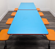 Load image into Gallery viewer, Space Saver 8ft Cafeteria Lunch Table w/ 8 Stool Seat, Light Blue Top, Orange Seat, Adult Size (RF)