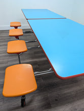 Load image into Gallery viewer, Space Saver 8ft Cafeteria Lunch Table w/ 8 Stool Seat, Light Blue Top, Orange Seat, Adult Size (RF)