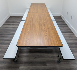 12ft Cafeteria Lunch Table w/ Foldable Bench Seat, Wood Grain Top, White Bench, Adult Size (RF)