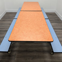 Load image into Gallery viewer, 10FT CAFETERIA LUNCH TABLE W/ FOLDABLE BENCH SEAT, ORANGE TOP, LIGHT BLUE BENCH, ELEMENTARY SIZE (RF)