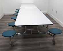 Load image into Gallery viewer, 12ft Cafeteria Lunch Table w/ Stool Seat, Gray Top, Teal Seat, Elementary Size (RF)
