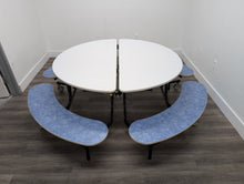Load image into Gallery viewer, 60in Round Cafeteria Lunch Table w/ Bench Seat, White Top, Blue Seat, Adult Size (RF)