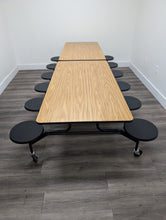 Load image into Gallery viewer, 10ft Cafeteria Lunch Table w/ Stool Seat, Black Frame, Woodgrain Top, Black Seat, Adult Size (RF)