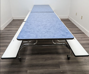 12FT CAFETERIA LUNCH TABLE W/ FOLDABLE BENCH SEAT, BLUE BRUSH TOP,WHITE BENCH, ADULT SIZE (RF)