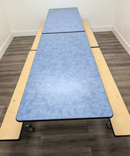 Load image into Gallery viewer, 12FT CAFETERIA LUNCH TABLE W/ FOLDABLE BENCH SEAT BLUE TOP, MAPLE BENCH, ADULT SIZE (RF)