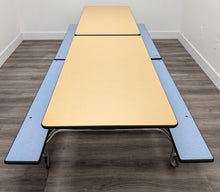 Load image into Gallery viewer, 10FT CAFETERIA LUNCH TABLE W/ FOLDABLE BENCH SEAT, BEIGE TOP, LIGHT BLUE BENCH, ELEMENTARY SIZE (RF)