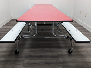 12ft Cafeteria Lunch Table w/ Foldable Bench Seat, Red Brush Top, White Bench, Adult Size (RF)