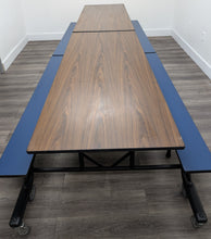 Load image into Gallery viewer, 12ft Cafeteria Lunch Table w/ Bench Seat, Walnut w/ Blue Benches, Black Frame, Palmer Hamilton Brand, Dual Table Size Adjustable (RF)