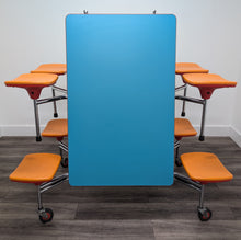 Load image into Gallery viewer, Space Saver 8ft Cafeteria Lunch Table w/ 8 Stool Seat, Light Blue Top, Orange Seat, Adult Size (RF)